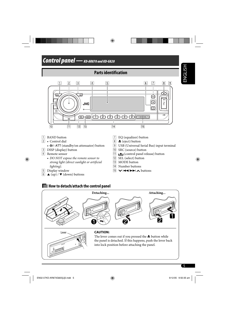 Control panel, English, Parts identification | How to detach/attach the control panel | JVC KD-AR870 User Manual | Page 5 / 135