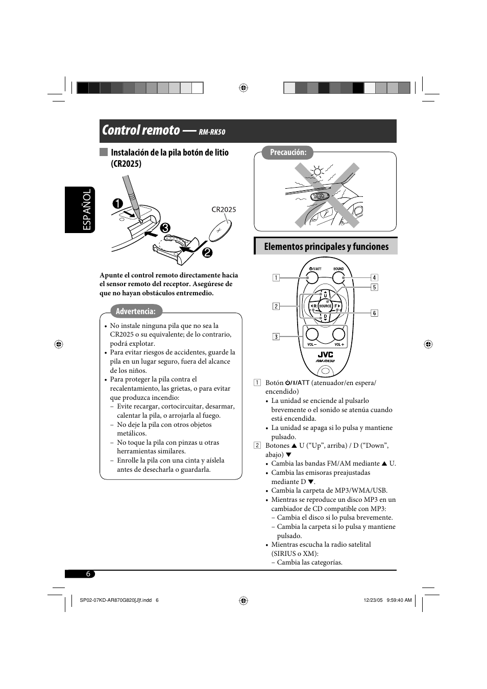 Control remoto, Español, Elementos principales y funciones | Instalación de la pila botón de litio (cr2025) | JVC KD-AR870 User Manual | Page 50 / 135
