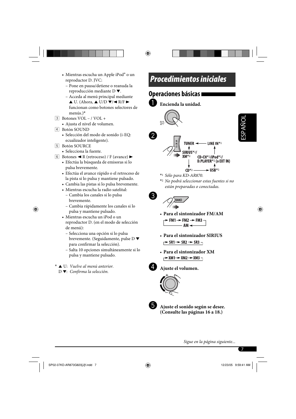 Procedimientos iniciales, Operaciones básicas, Español | JVC KD-AR870 User Manual | Page 51 / 135