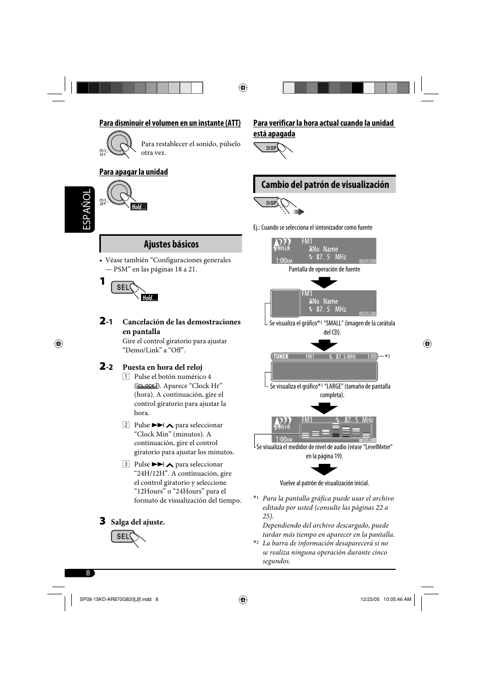 Español, Cambio del patrón de visualización, Ajustes básicos | JVC KD-AR870 User Manual | Page 52 / 135