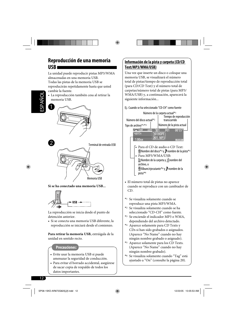 Español, Precauciones | JVC KD-AR870 User Manual | Page 56 / 135