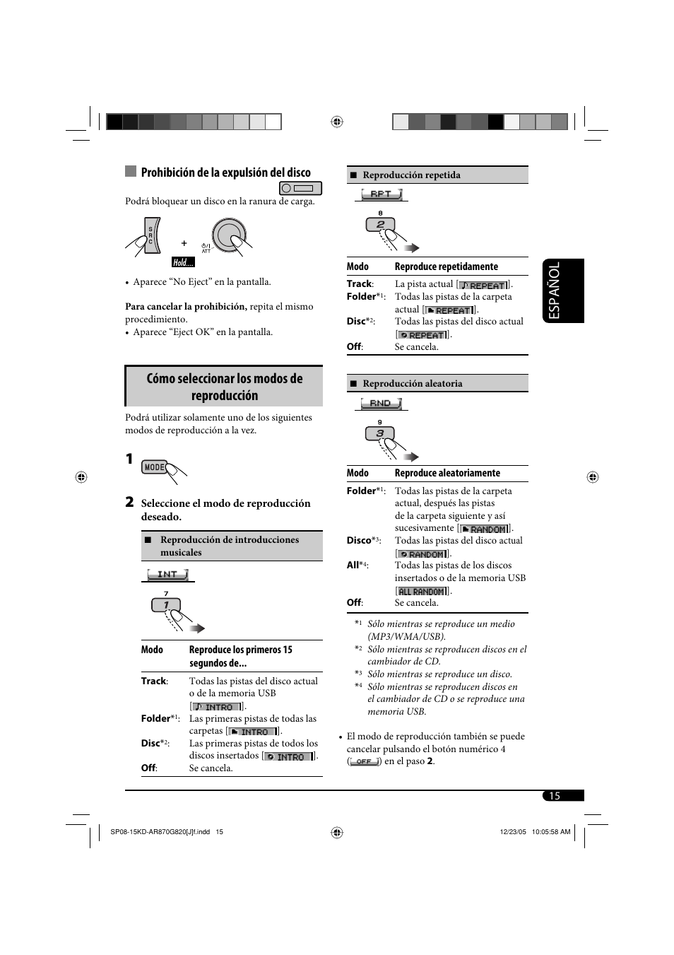 Español, Cómo seleccionar los modos de reproducción, Prohibición de la expulsión del disco | JVC KD-AR870 User Manual | Page 59 / 135