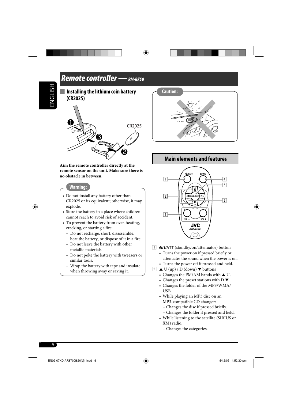 Remote controller, English, Main elements and features | Installing the lithium coin battery (cr2025) | JVC KD-AR870 User Manual | Page 6 / 135