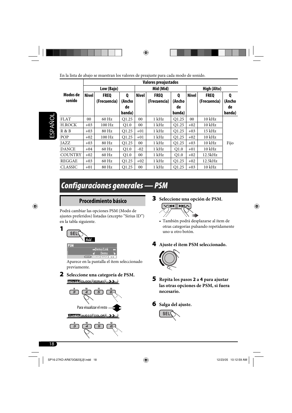 Configuraciones generales — psm, Español, Procedimiento básico | JVC KD-AR870 User Manual | Page 62 / 135