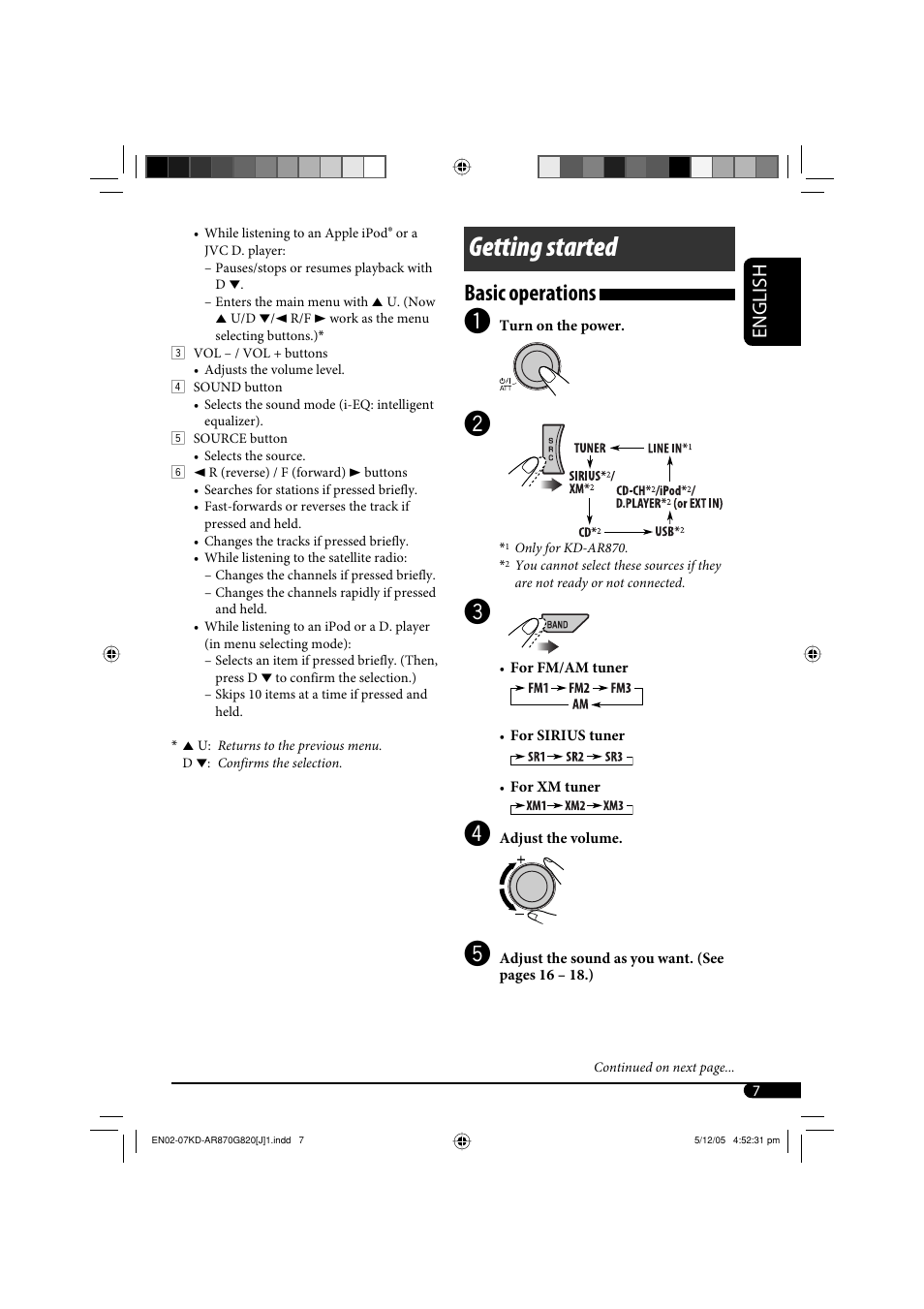 Getting started, Basic operations, English | JVC KD-AR870 User Manual | Page 7 / 135