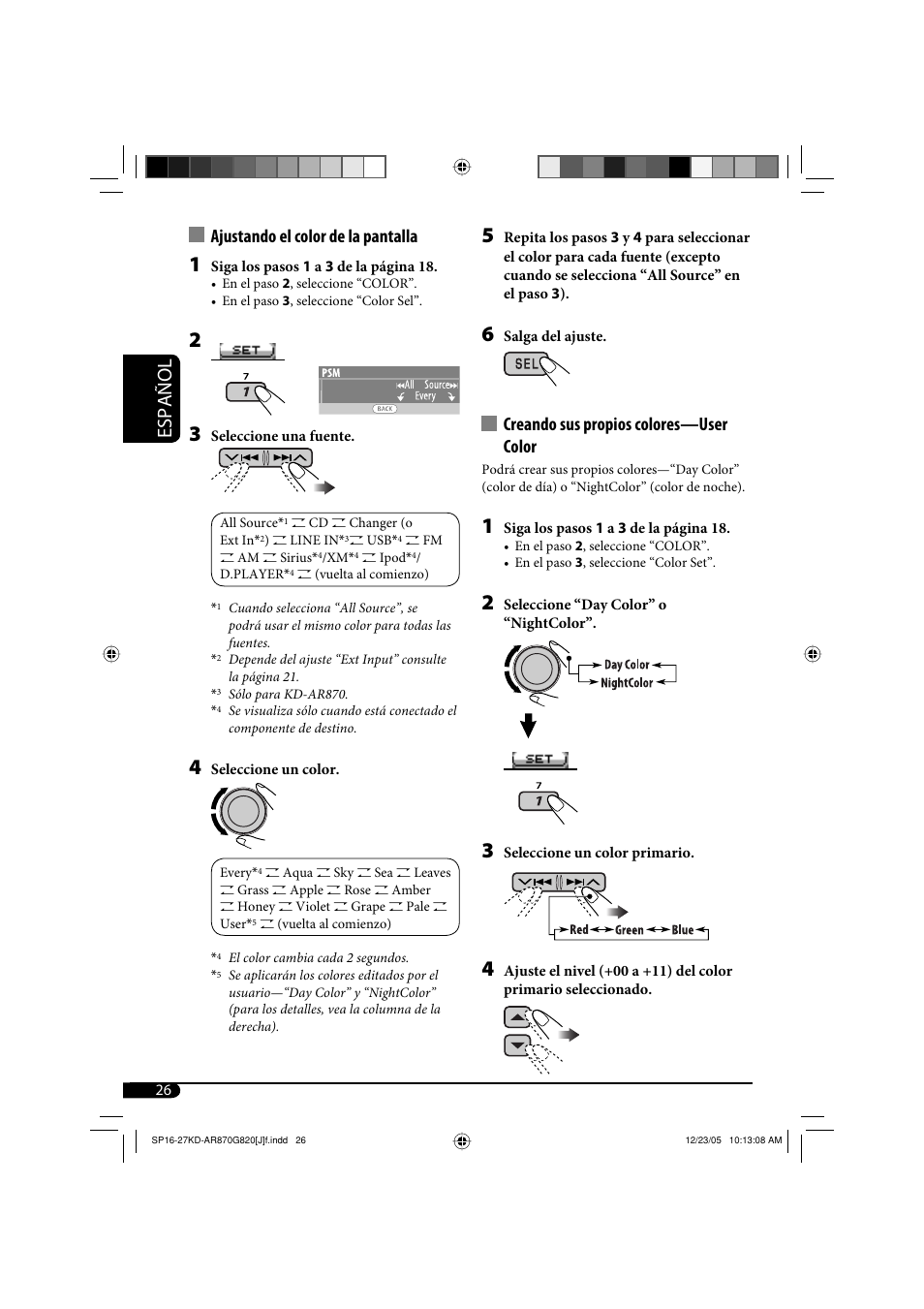 Español, Creando sus propios colores—user color, Ajustando el color de la pantalla | JVC KD-AR870 User Manual | Page 70 / 135