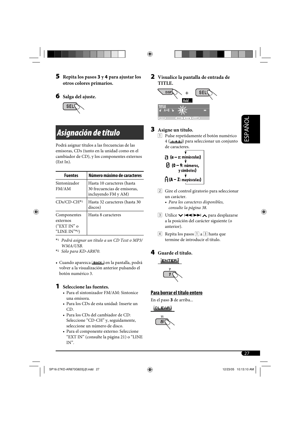 Asignación de título, Español | JVC KD-AR870 User Manual | Page 71 / 135