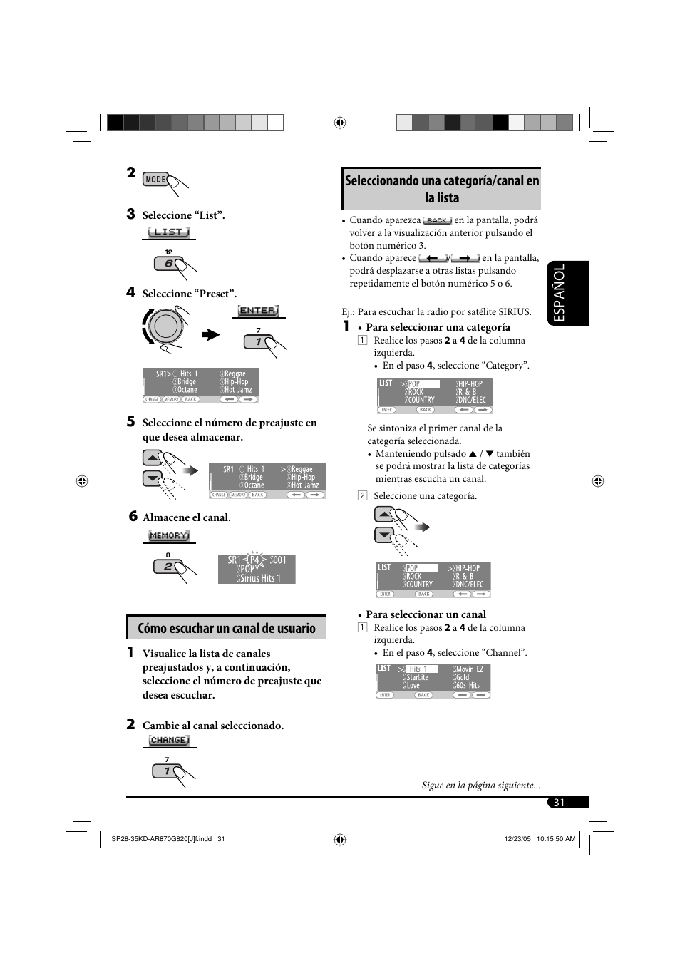 Español, Cómo escuchar un canal de usuario, Seleccionando una categoría/canal en la lista | JVC KD-AR870 User Manual | Page 75 / 135