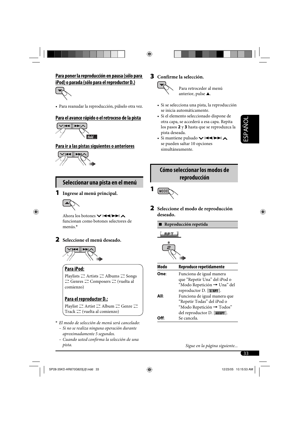 Español, Seleccionar una pista en el menú, Cómo seleccionar los modos de reproducción | JVC KD-AR870 User Manual | Page 77 / 135