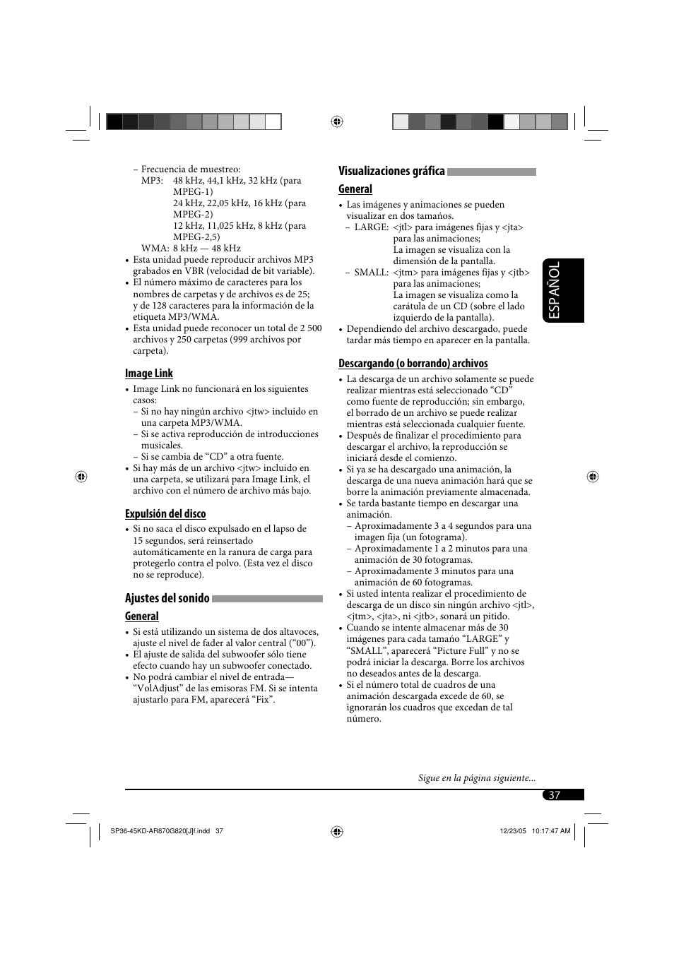 Español, Visualizaciones gráfica, Ajustes del sonido | JVC KD-AR870 User Manual | Page 81 / 135