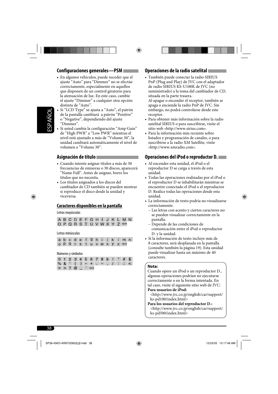 Español, Operaciones de la radio satelital, Operaciones del ipod o reproductor d | Configuraciones generales—psm, Asignación de título | JVC KD-AR870 User Manual | Page 82 / 135