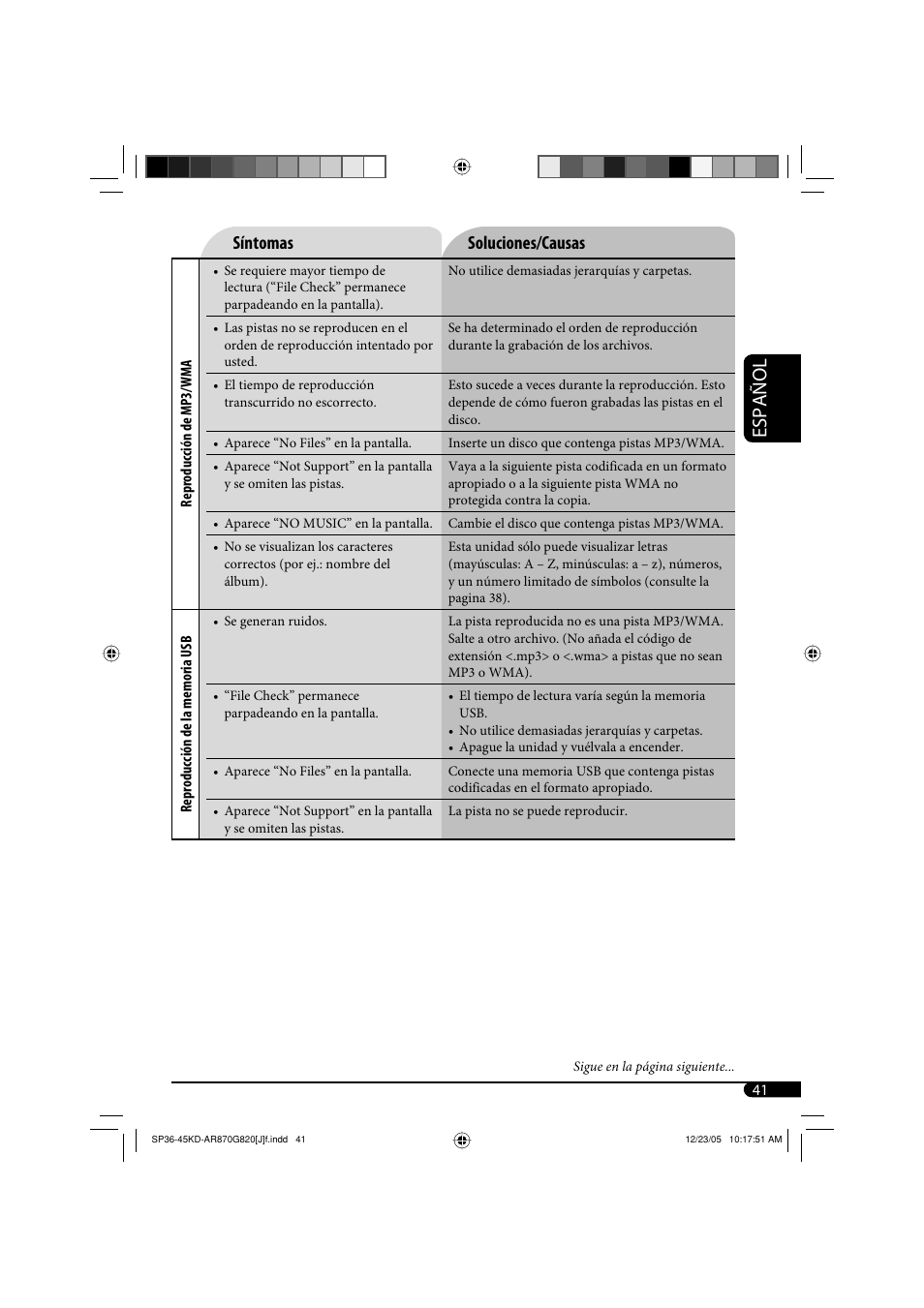 Español, Síntomas soluciones/causas | JVC KD-AR870 User Manual | Page 85 / 135