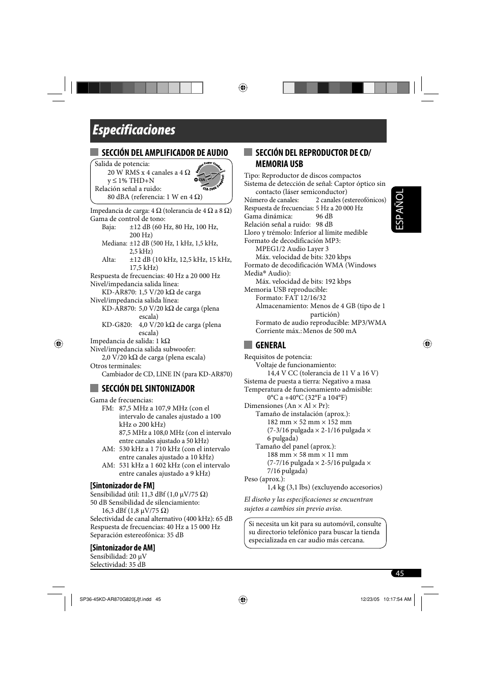 Especificaciones, Español, Sección del amplificador de audio | Sección del sintonizador, General | JVC KD-AR870 User Manual | Page 89 / 135