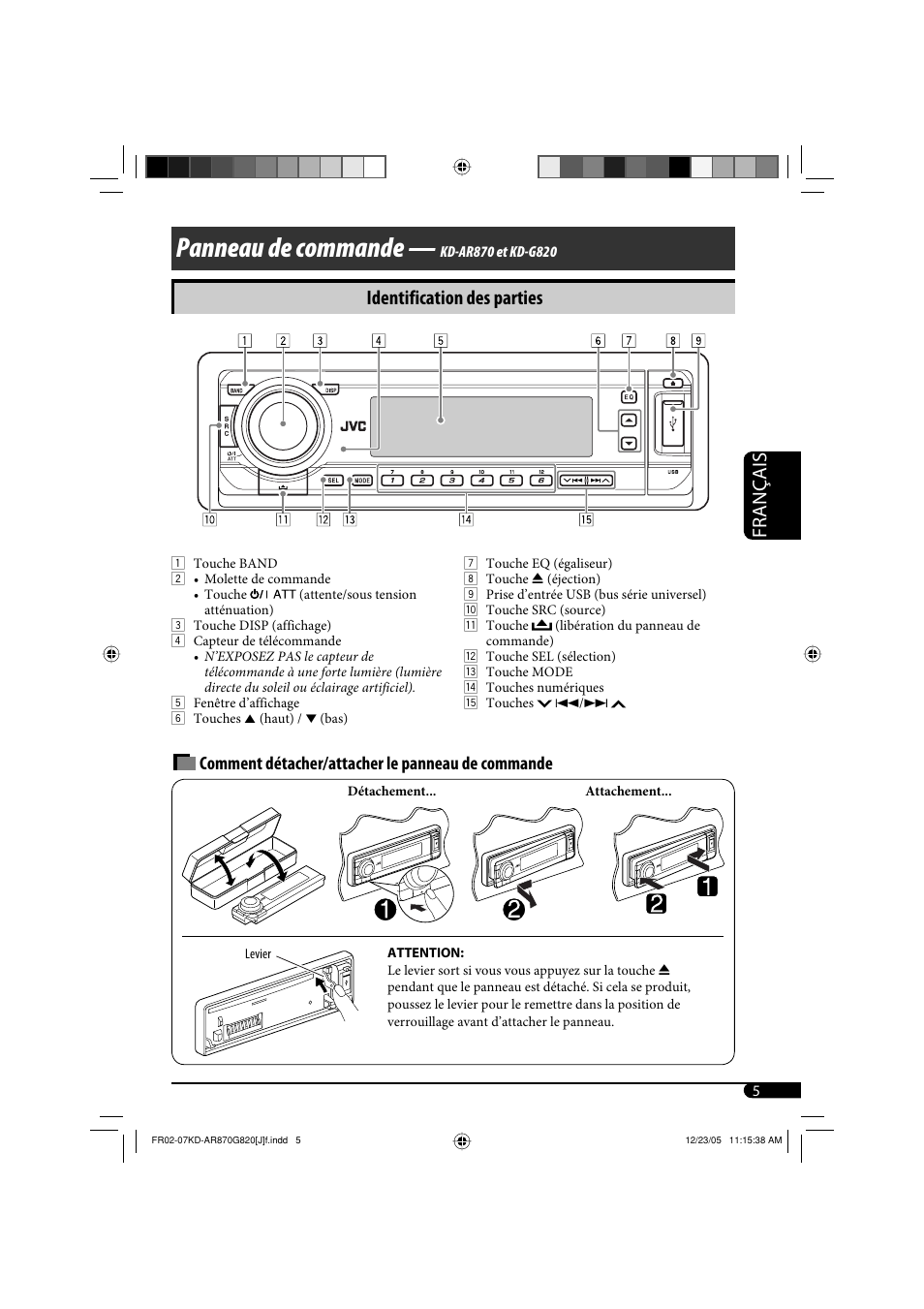 Panneau de commande, Français, Identification des parties | Comment détacher/attacher le panneau de commande | JVC KD-AR870 User Manual | Page 93 / 135