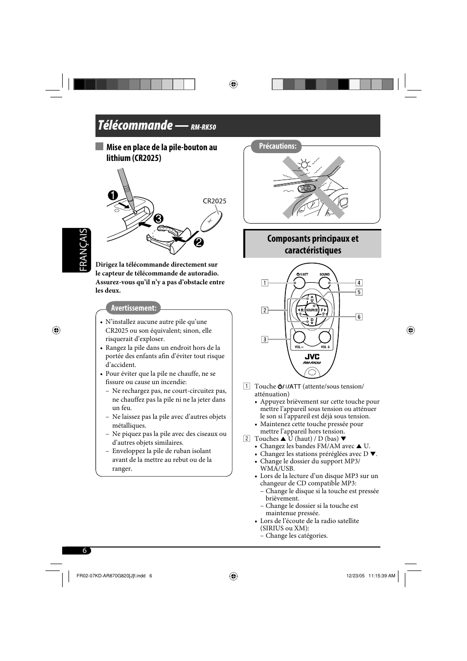 Télécommande, Français, Composants principaux et caractéristiques | JVC KD-AR870 User Manual | Page 94 / 135