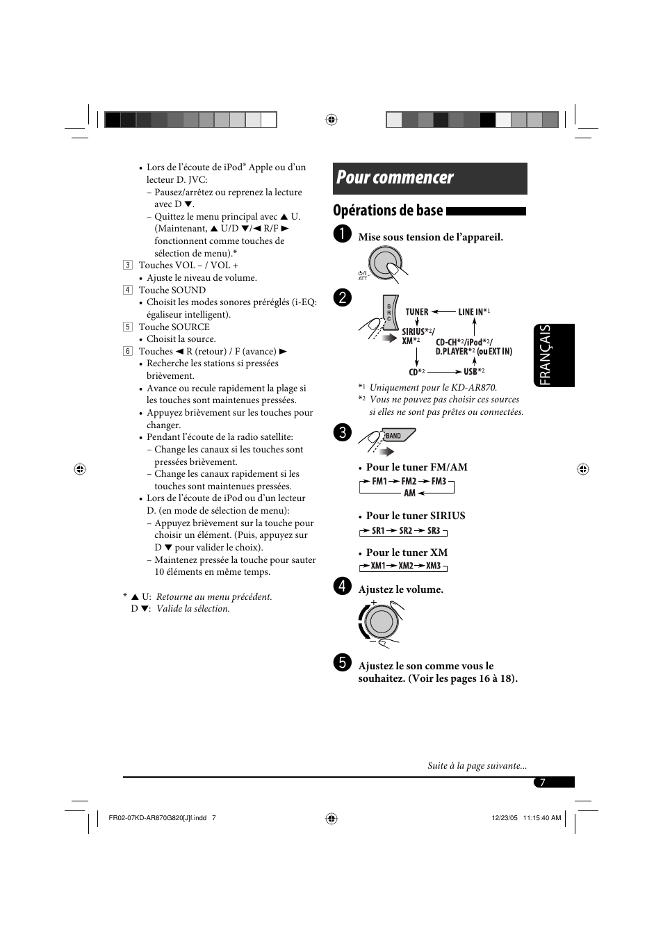 Pour commencer, Opérations de base, Français | JVC KD-AR870 User Manual | Page 95 / 135