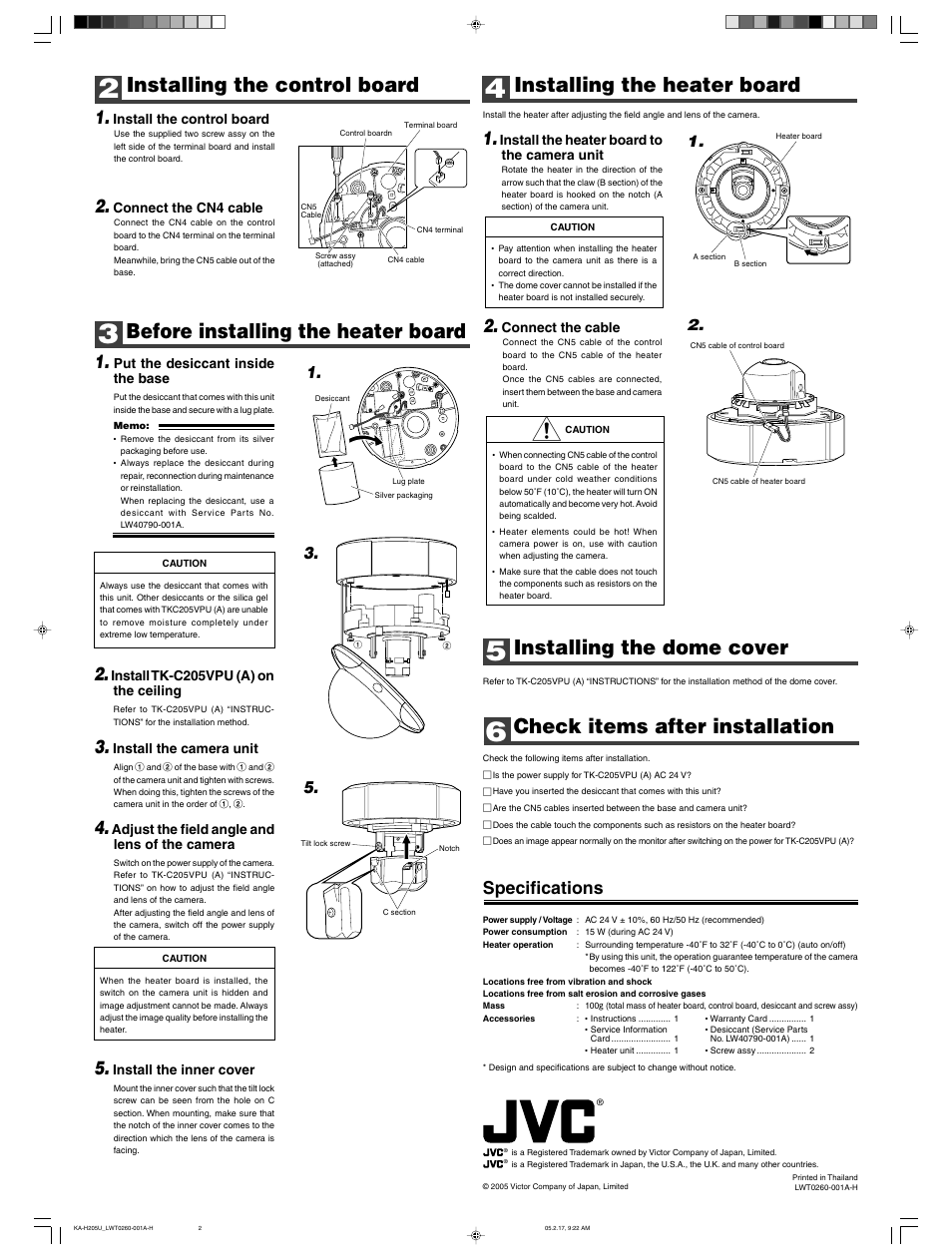 Installing the control board, Before installing the heater board, Installing the heater board | Installing the dome cover, Check items after installation, Specifications | JVC KA-H205U User Manual | Page 2 / 2