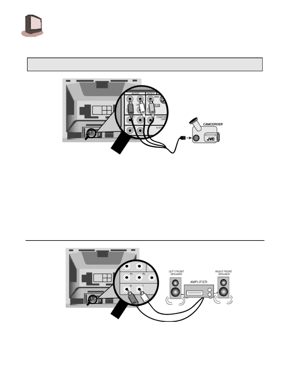 Connecting to a camcorder, Connecting to an external amplifier | JVC AV 27D200 User Manual | Page 8 / 33