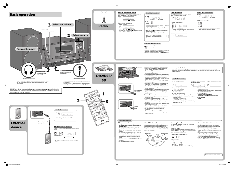 Basic operation, External device, Radio | Disc/usb/sd, Radio disc/usb/ sd | JVC CA-UXF4VB User Manual | Page 2 / 2