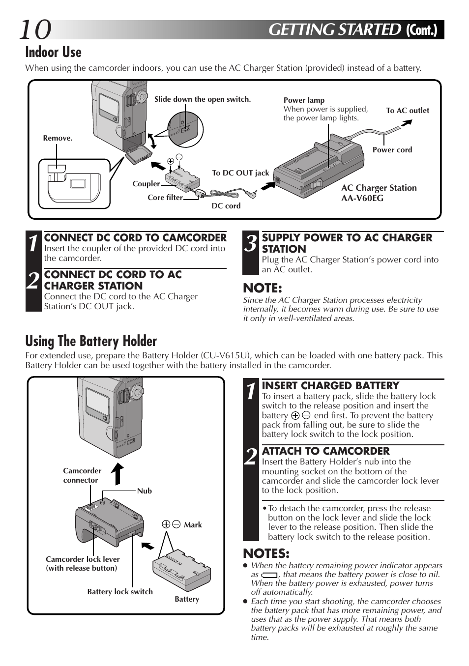 Getting started, Cont.), Indoor use | Using the battery holder | JVC GR-DV33 User Manual | Page 10 / 88
