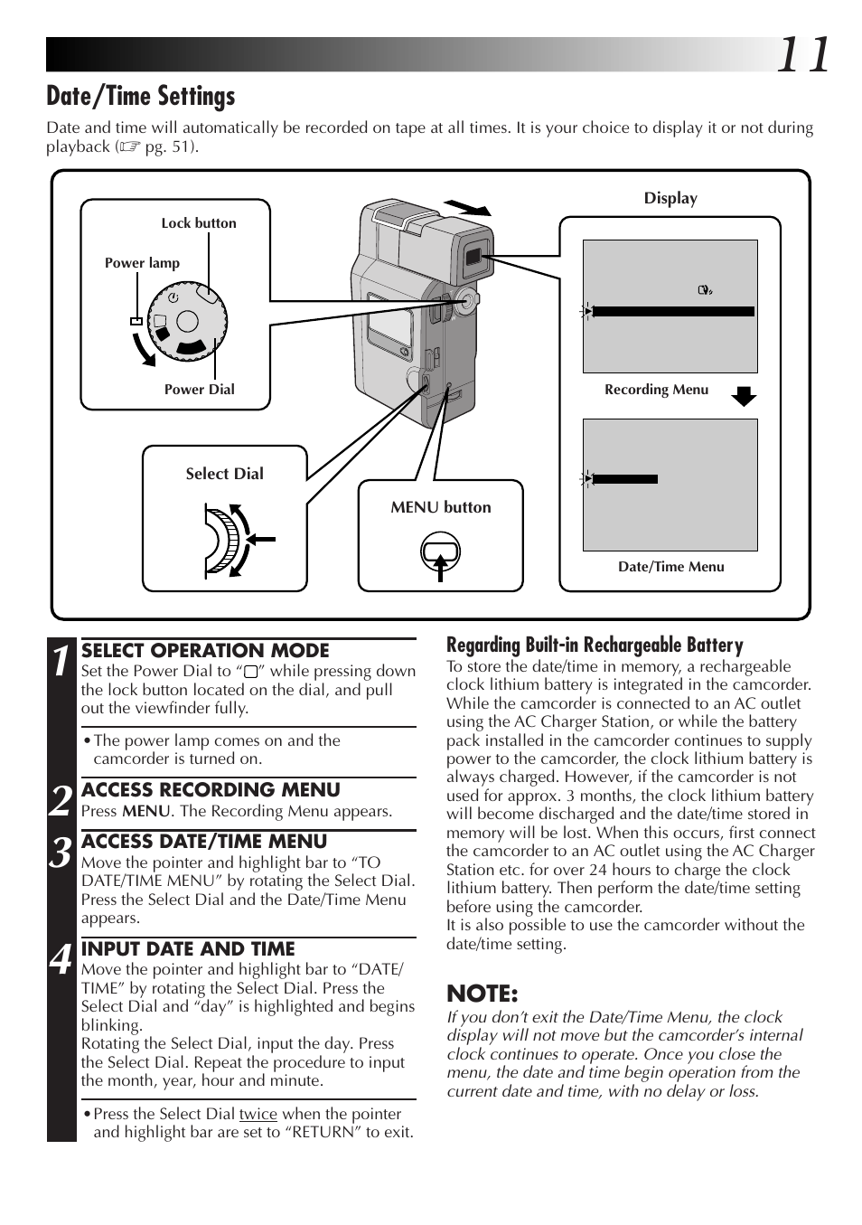 Date/time settings, Regarding built-in rechargeable battery | JVC GR-DV33 User Manual | Page 11 / 88