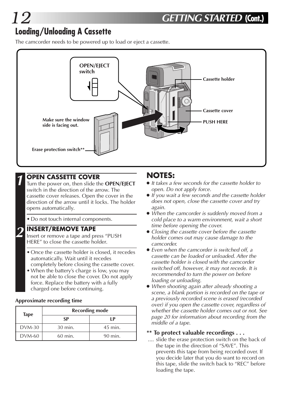 Getting started, Cont.) loading/unloading a cassette | JVC GR-DV33 User Manual | Page 12 / 88