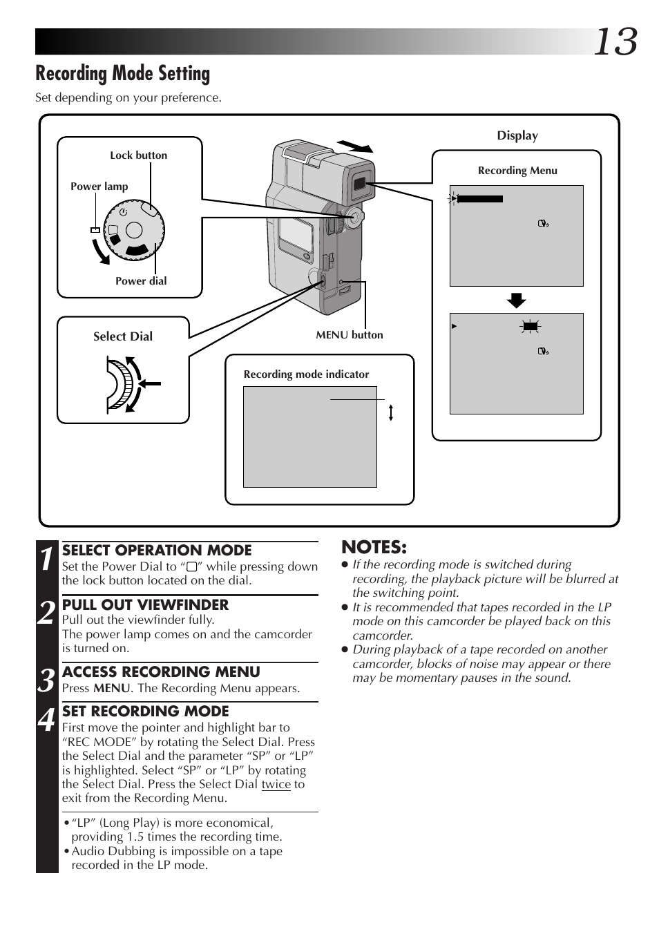 Recording mode setting | JVC GR-DV33 User Manual | Page 13 / 88