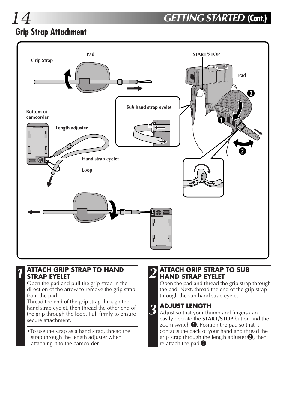 Getting started, Cont.) grip strap attachment | JVC GR-DV33 User Manual | Page 14 / 88