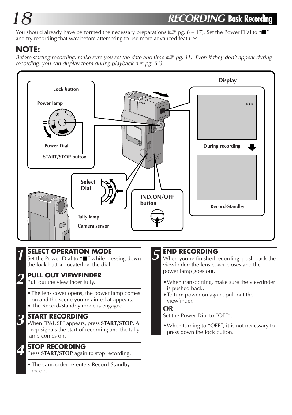 Recording, Basic recording | JVC GR-DV33 User Manual | Page 18 / 88