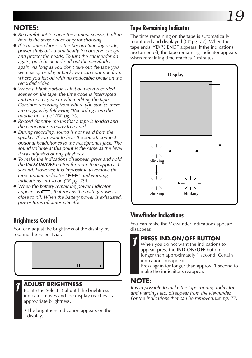 Viewfinder indications, Tape remaining indicator, Brightness control | JVC GR-DV33 User Manual | Page 19 / 88