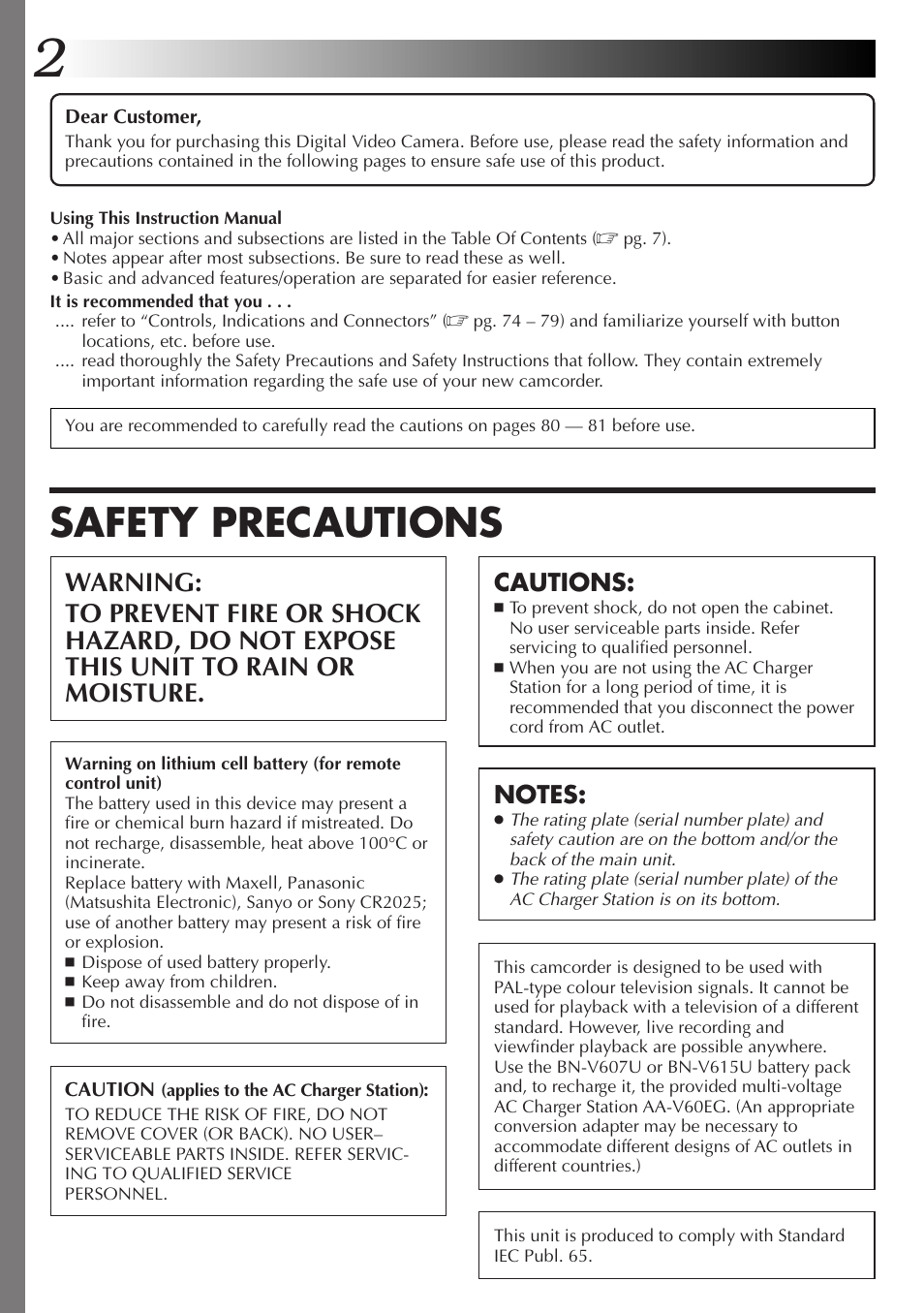 Safety precautions, Cautions | JVC GR-DV33 User Manual | Page 2 / 88