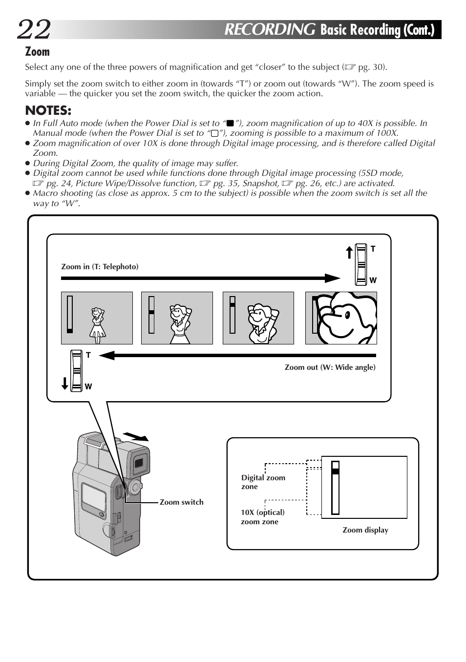 Recording, Basic recording (cont.), Zoom | JVC GR-DV33 User Manual | Page 22 / 88