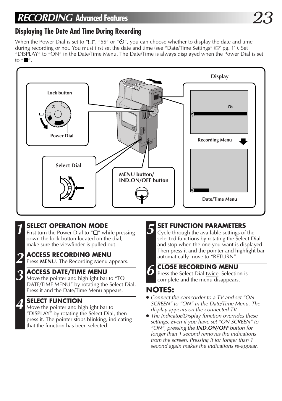 Recording, Advanced features, Displaying the date and time during recording | JVC GR-DV33 User Manual | Page 23 / 88