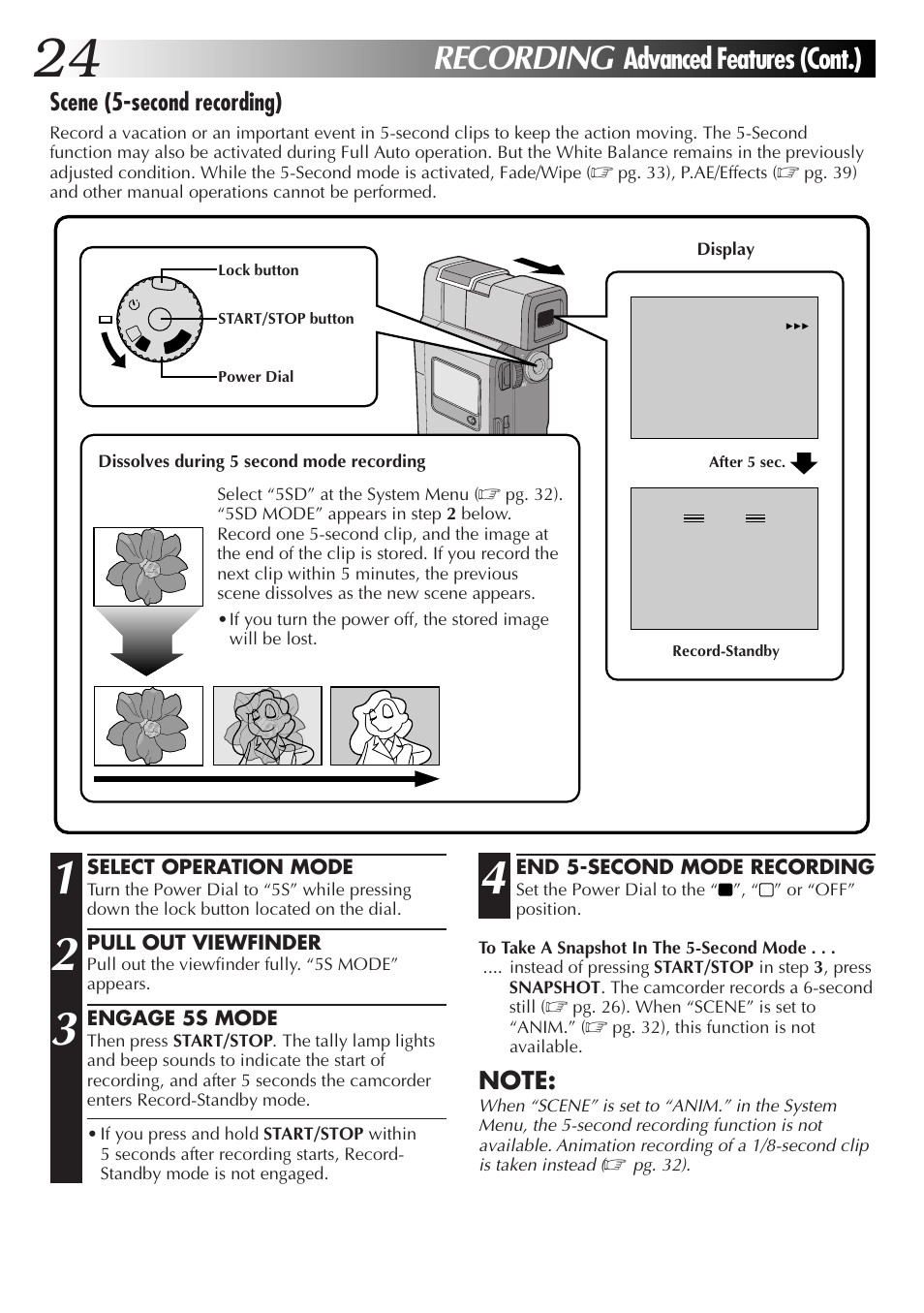 Recording, Advanced features (cont.), Scene (5-second recording) | JVC GR-DV33 User Manual | Page 24 / 88