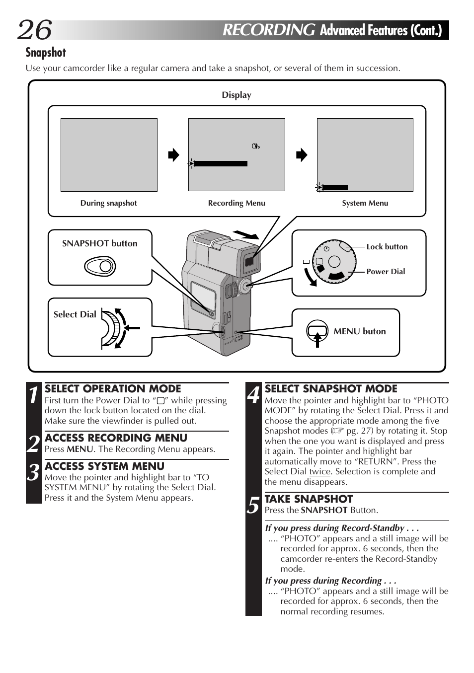 Recording, Advanced features (cont.), Snapshot | JVC GR-DV33 User Manual | Page 26 / 88