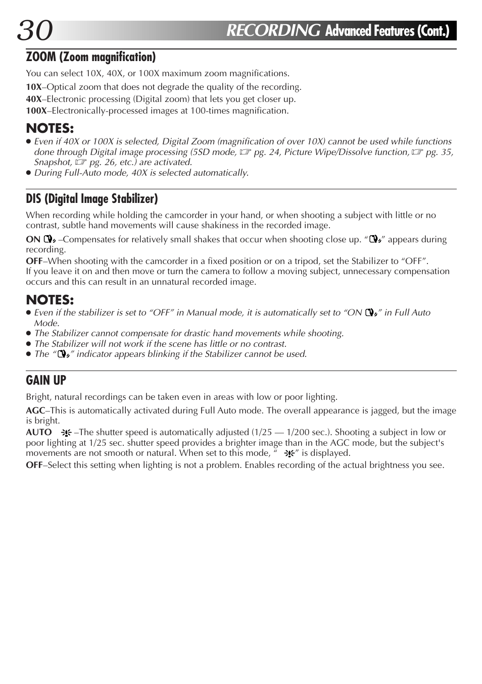 Recording, Advanced features (cont.), Zoom (zoom magnification) | Dis (digital image stabilizer), Gain up | JVC GR-DV33 User Manual | Page 30 / 88