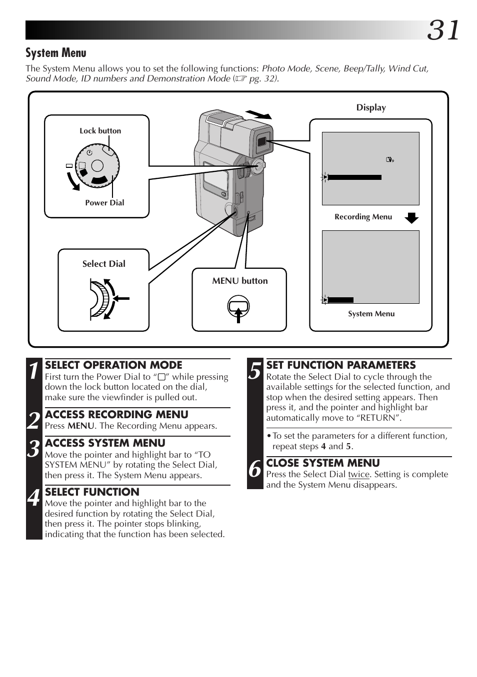 System menu | JVC GR-DV33 User Manual | Page 31 / 88