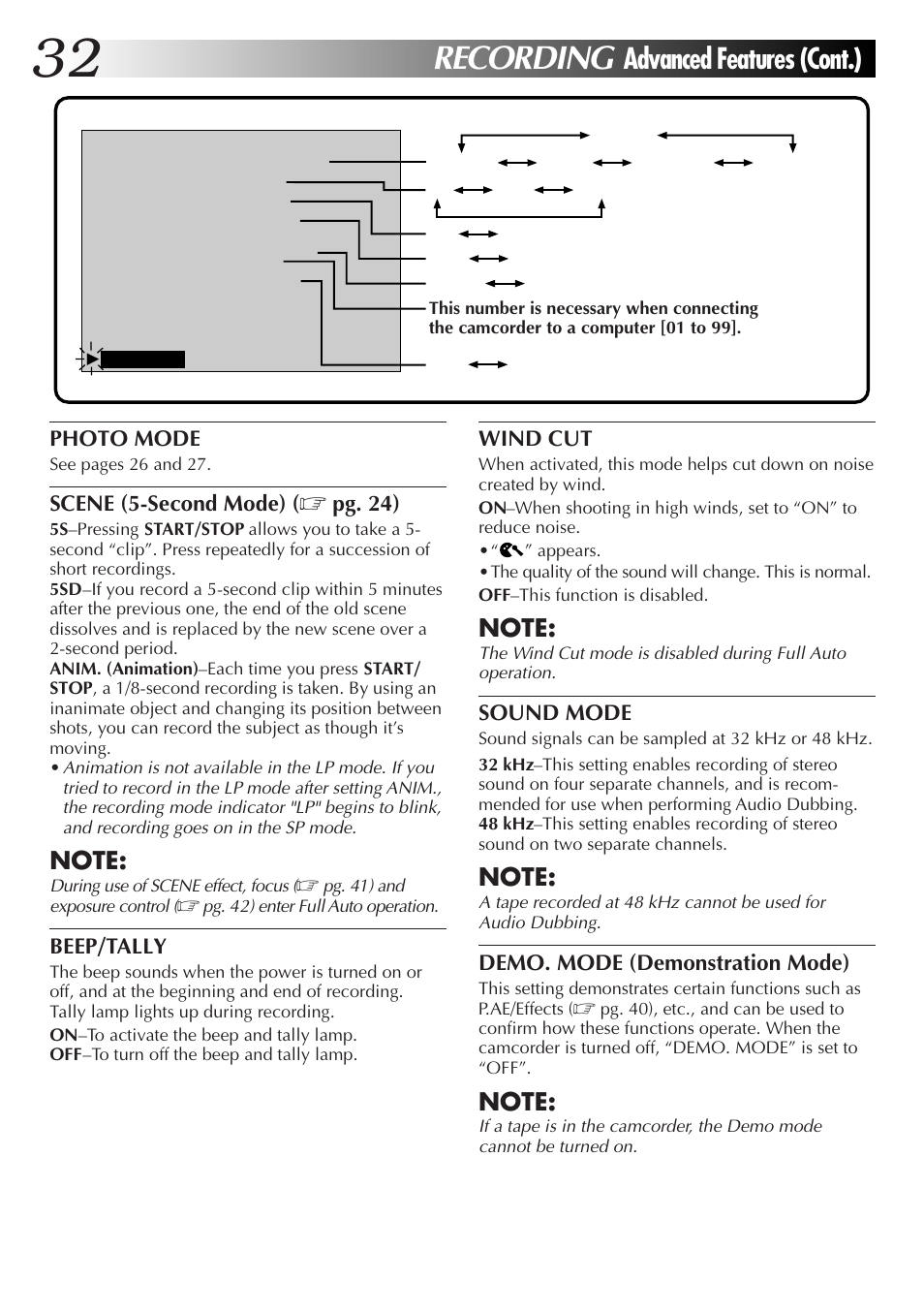 Recording, Advanced features (cont.) | JVC GR-DV33 User Manual | Page 32 / 88