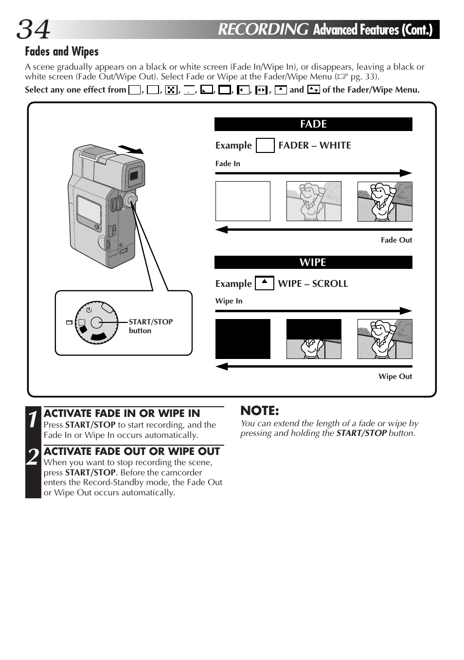 Recording, Advanced features (cont.), Fades and wipes | JVC GR-DV33 User Manual | Page 34 / 88