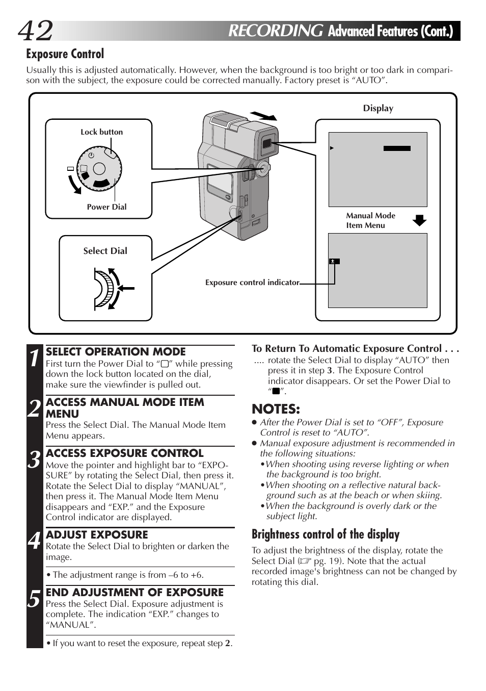 Recording, Advanced features (cont.), Exposure control | Brightness control of the display | JVC GR-DV33 User Manual | Page 42 / 88