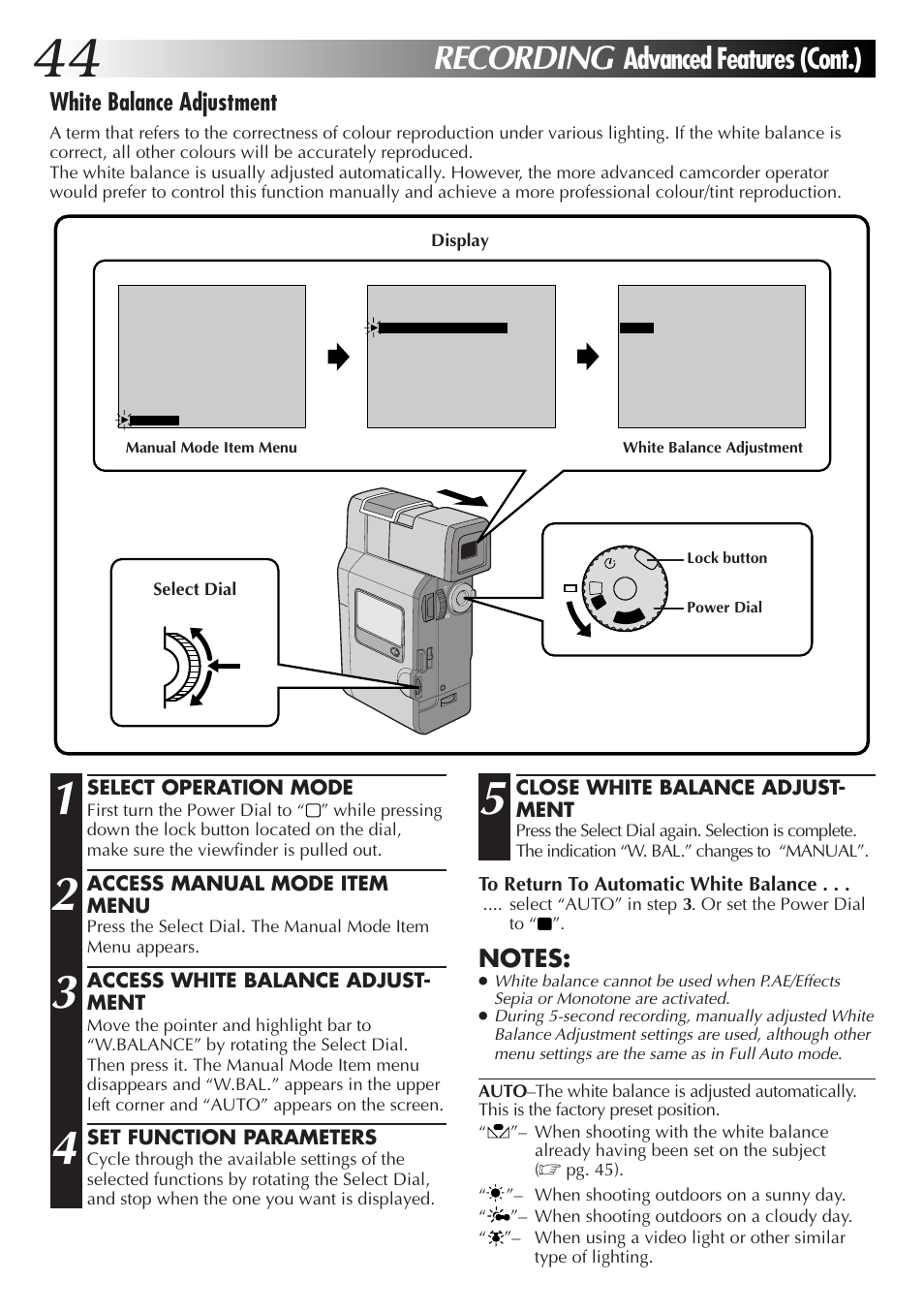 Recording, Advanced features (cont.), White balance adjustment | JVC GR-DV33 User Manual | Page 44 / 88
