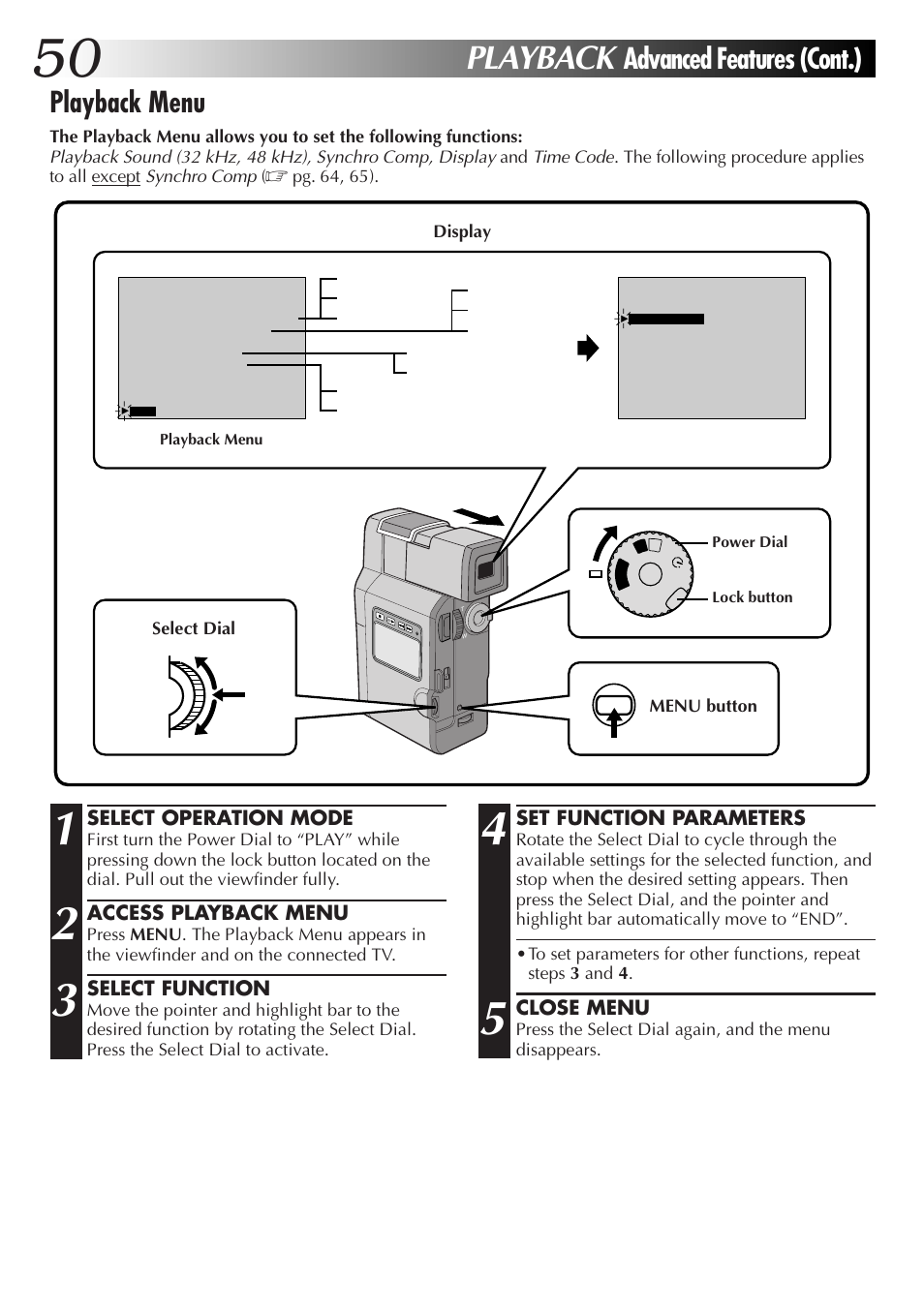 Playback, Advanced features (cont.) playback menu | JVC GR-DV33 User Manual | Page 50 / 88