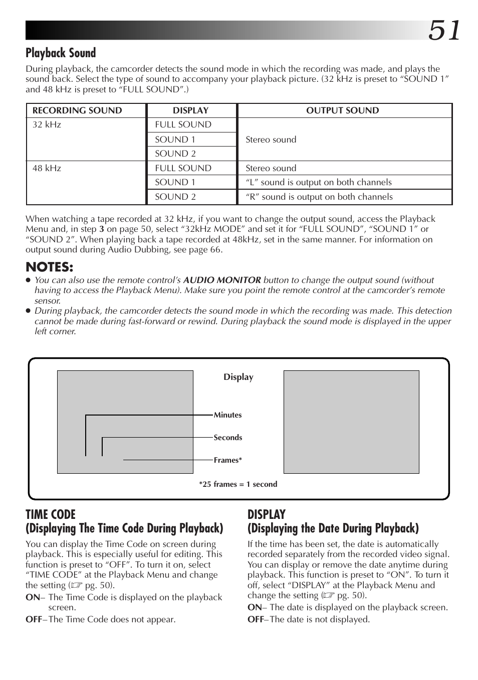 Playback sound, Display (displaying the date during playback) | JVC GR-DV33 User Manual | Page 51 / 88