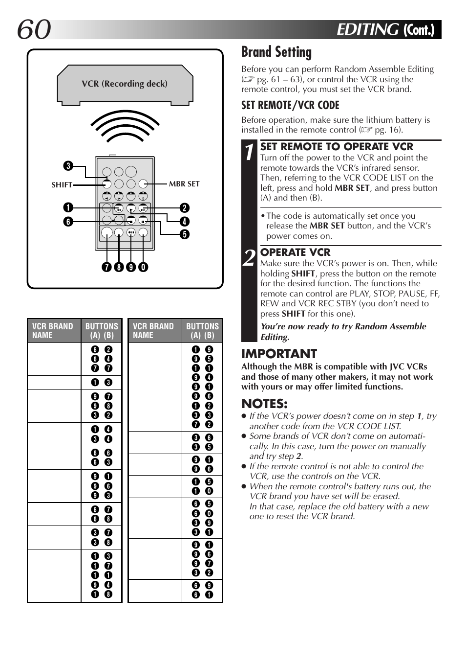 Editing, Brand setting, Cont.) | Important | JVC GR-DV33 User Manual | Page 60 / 88