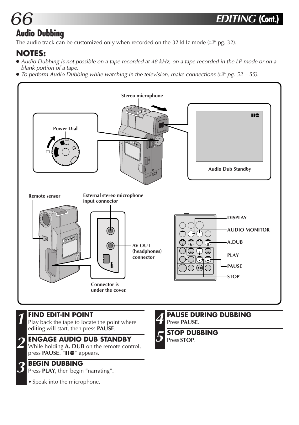 Editing, Audio dubbing, Cont.) | JVC GR-DV33 User Manual | Page 66 / 88