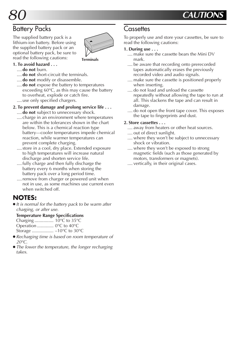 Cautions, Cassettes, Battery packs | JVC GR-DV33 User Manual | Page 80 / 88