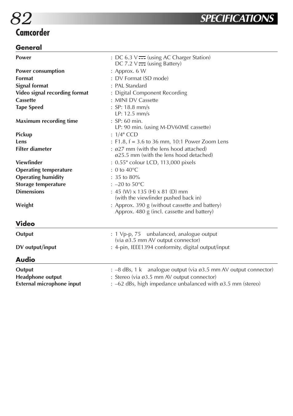 Specifications, Camcorder | JVC GR-DV33 User Manual | Page 82 / 88
