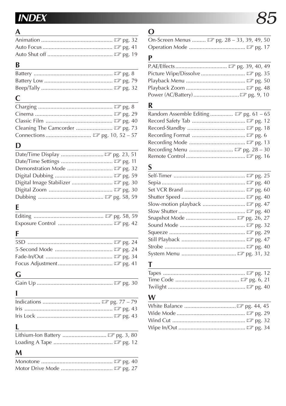 Index | JVC GR-DV33 User Manual | Page 85 / 88