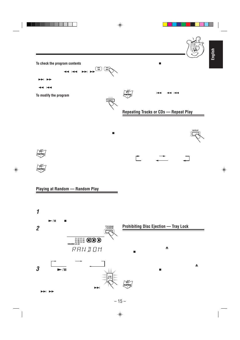 Repeating tracks or cds — repeat play, Prohibiting disc ejection — tray lock, Playing at random — random play | JVC CA-MXJ900 User Manual | Page 18 / 28