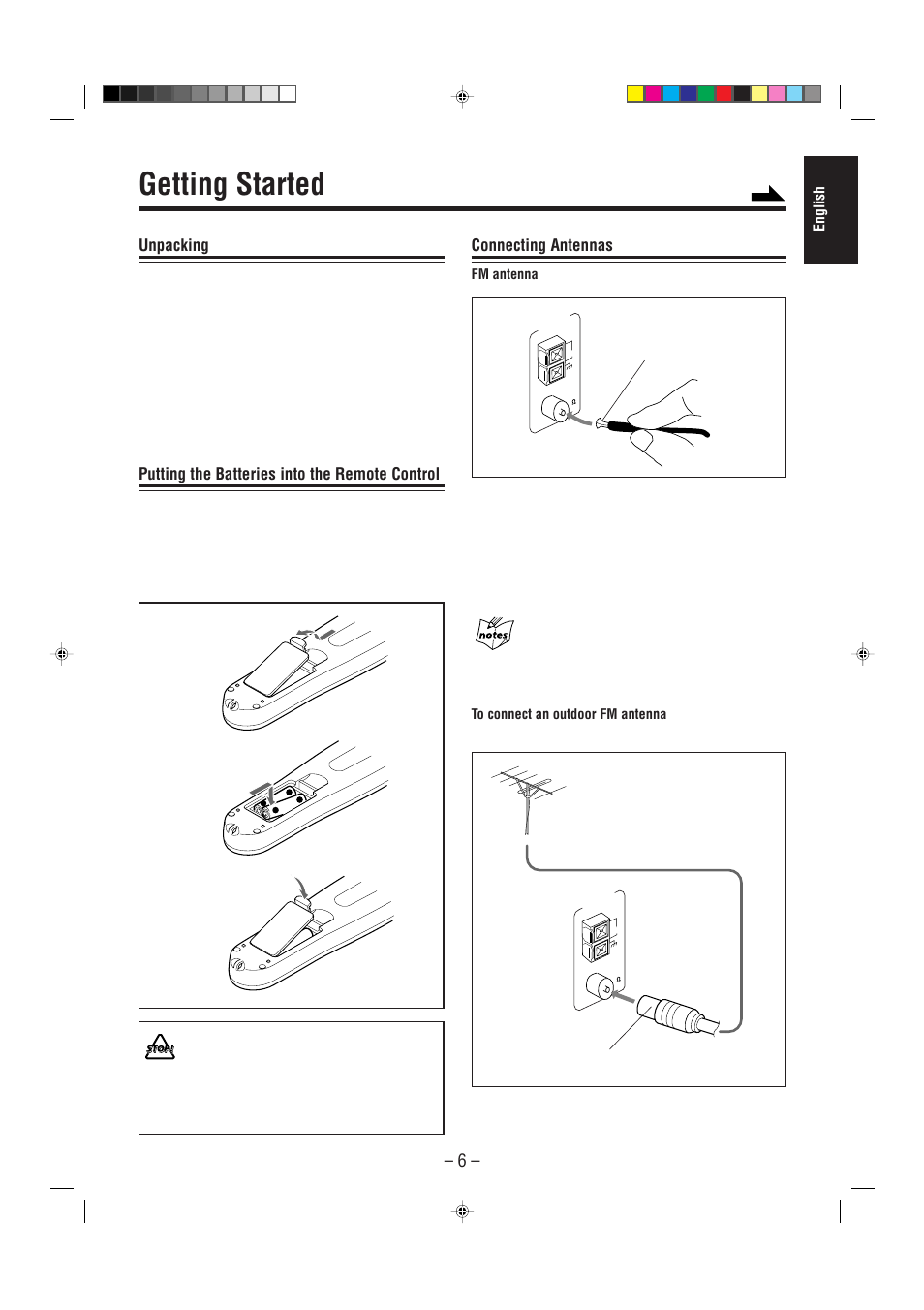 Getting started, Unpacking, Putting the batteries into the remote control | Connecting antennas, English, Extend the fm antenna | JVC CA-MXJ900 User Manual | Page 9 / 28